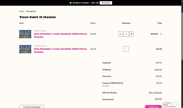 Buffalo Games checkout page showing Buffalo Games coupon code box | Screenshot taken by SimplyCodes community member on Aug 13, 2025