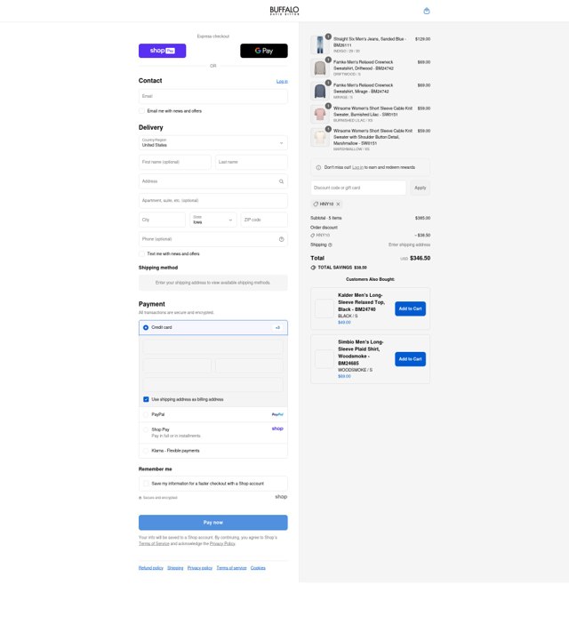 Buffalo Jeans checkout page showing Buffalo Jeans discount code box | Screenshot taken by SimplyCodes community member on Aug 27, 2025