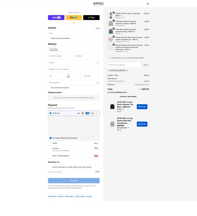 Buffalo Jeans checkout page showing Buffalo Jeans discount code box | Screenshot taken by SimplyCodes community member on Aug 27, 2025