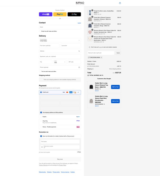 Buffalo Jeans checkout page showing Buffalo Jeans discount code box | Screenshot taken by SimplyCodes community member on Aug 27, 2025
