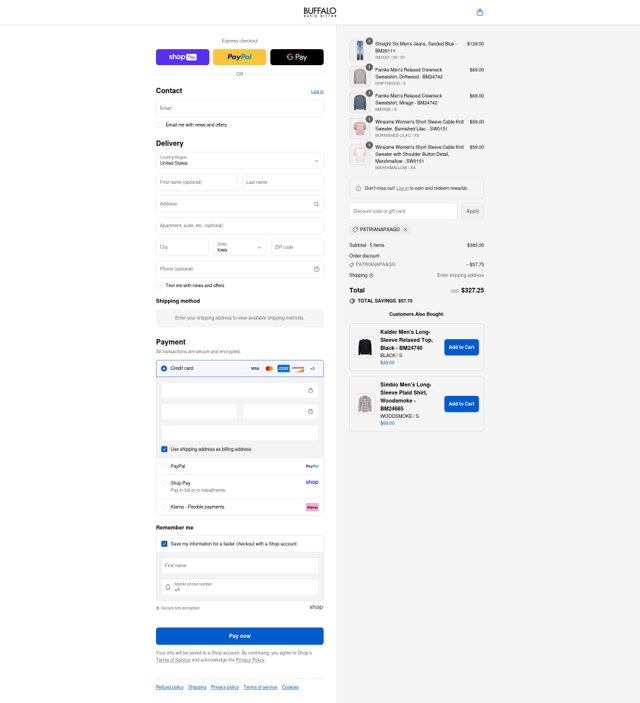 Buffalo Jeans checkout page showing Buffalo Jeans discount code box | Screenshot taken by SimplyCodes community member on Aug 27, 2025