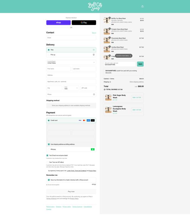 Buff City Soap checkout page showing Buff City Soap discount code box | Screenshot taken by SimplyCodes community member on Sep 12, 2025
