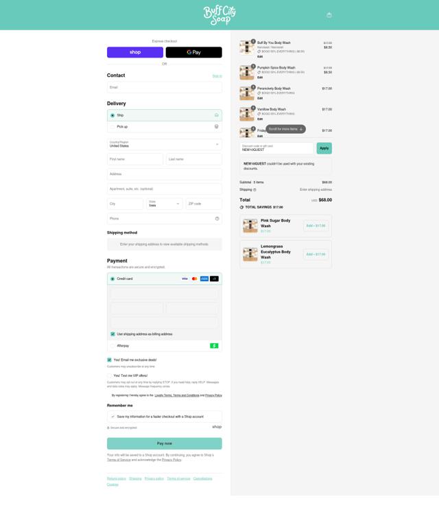 Buff City Soap checkout page showing Buff City Soap discount code box | Screenshot taken by SimplyCodes community member on Sep 12, 2025