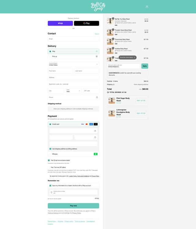 Buff City Soap checkout page showing Buff City Soap discount code box | Screenshot taken by SimplyCodes community member on Sep 12, 2025