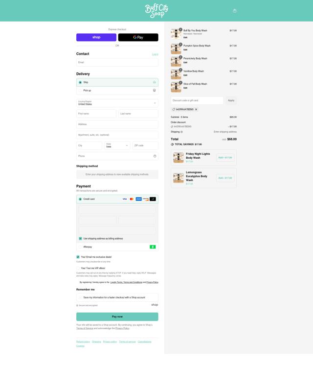 Buff City Soap checkout page showing Buff City Soap discount code box | Screenshot taken by SimplyCodes community member on Sep 8, 2025