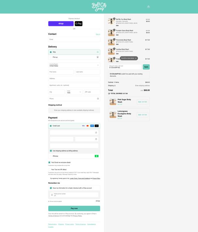 Buff City Soap checkout page showing Buff City Soap discount code box | Screenshot taken by SimplyCodes community member on Sep 12, 2025