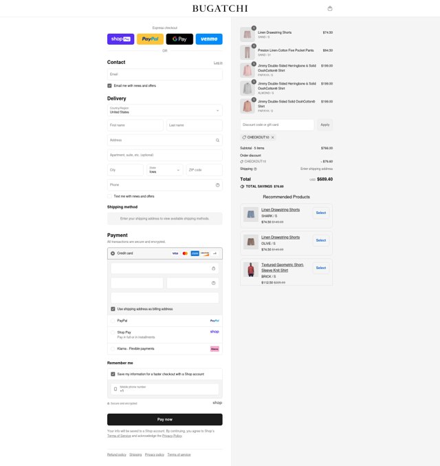 Bugatchi checkout page showing Bugatchi promo code box | Screenshot taken by SimplyCodes community member on Aug 27, 2025