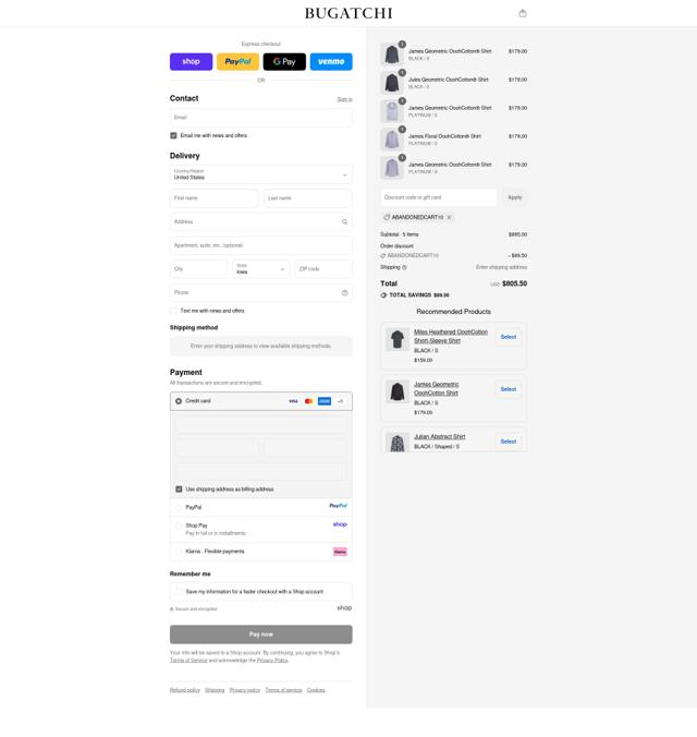Bugatchi checkout page showing Bugatchi promo code box | Screenshot taken by SimplyCodes community member on Sep 12, 2025