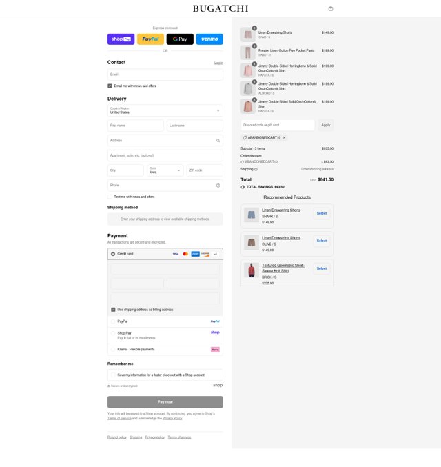 Bugatchi checkout page showing Bugatchi promo code box | Screenshot taken by SimplyCodes community member on Aug 22, 2025