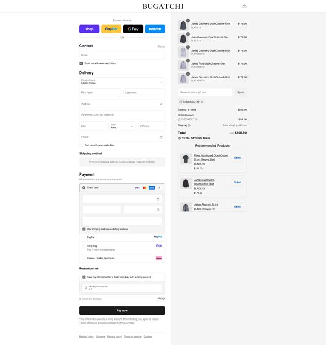 Bugatchi checkout page showing Bugatchi promo code box | Screenshot taken by SimplyCodes community member on Sep 12, 2025