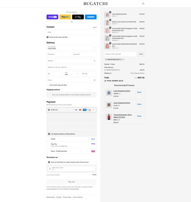 Bugatchi checkout page showing Bugatchi promo code box | Screenshot taken by SimplyCodes community member on Aug 17, 2025