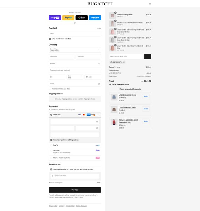 Bugatchi checkout page showing Bugatchi promo code box | Screenshot taken by SimplyCodes community member on Aug 17, 2025