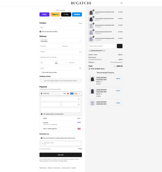 Bugatchi checkout page showing Bugatchi promo code box | Screenshot taken by SimplyCodes community member on Sep 8, 2025