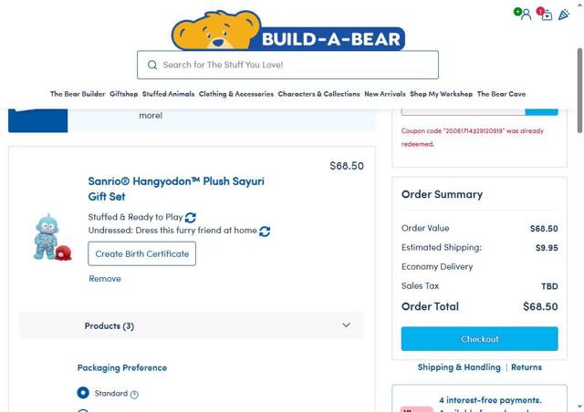 Build A Bear US checkout page showing Build A Bear US promo code box | Screenshot taken by SimplyCodes community member on Jul 30, 2025