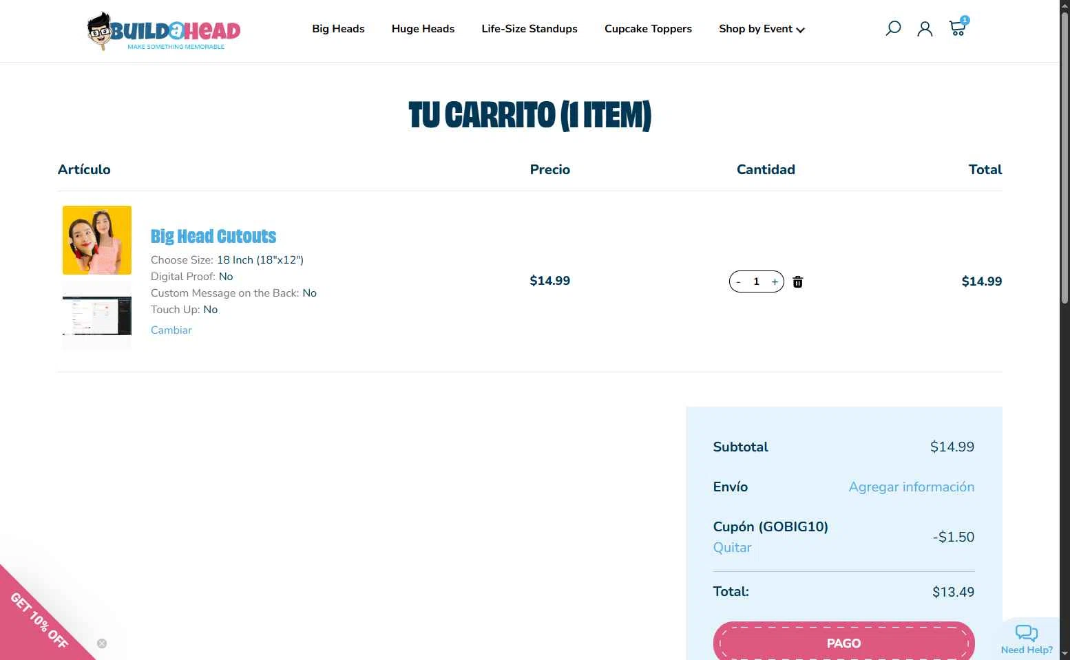 Build-A-Head checkout page showing Build-A-Head coupon code box | Screenshot taken by SimplyCodes community member on Jul 14, 2025