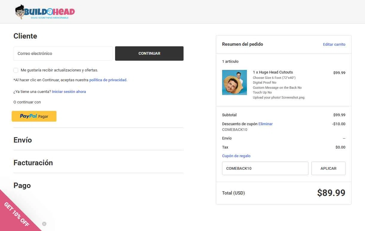 Build-A-Head checkout page showing Build-A-Head coupon code box | Screenshot taken by SimplyCodes community member on Oct 30, 2025