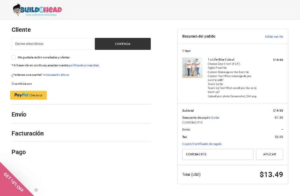 Build-A-Head checkout page showing Build-A-Head coupon code box | Screenshot taken by SimplyCodes community member on Oct 7, 2025