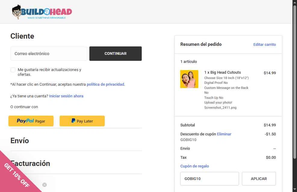 Build-A-Head checkout page showing Build-A-Head coupon code box | Screenshot taken by SimplyCodes community member on Jul 14, 2025