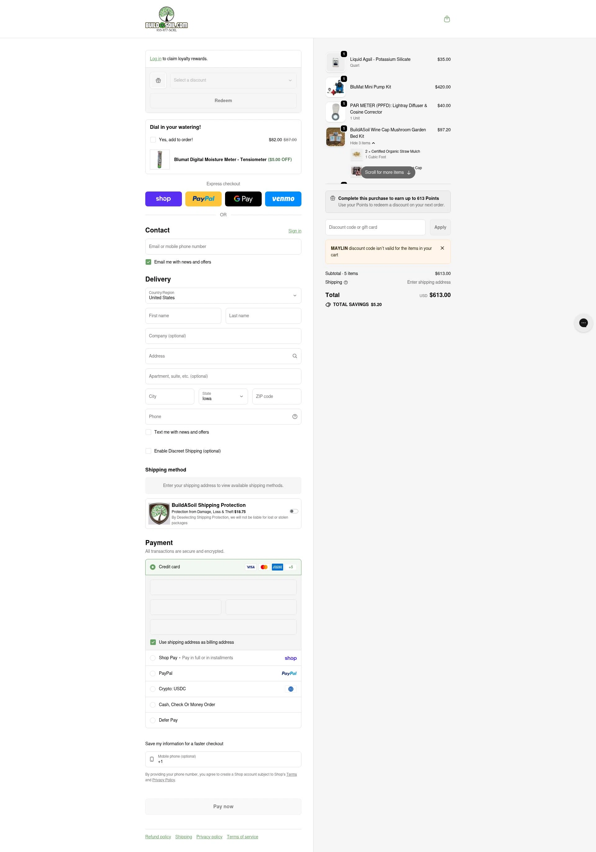 Build A Soil checkout page showing Build A Soil discount code box | Screenshot taken by SimplyCodes community member on Feb 5, 2026