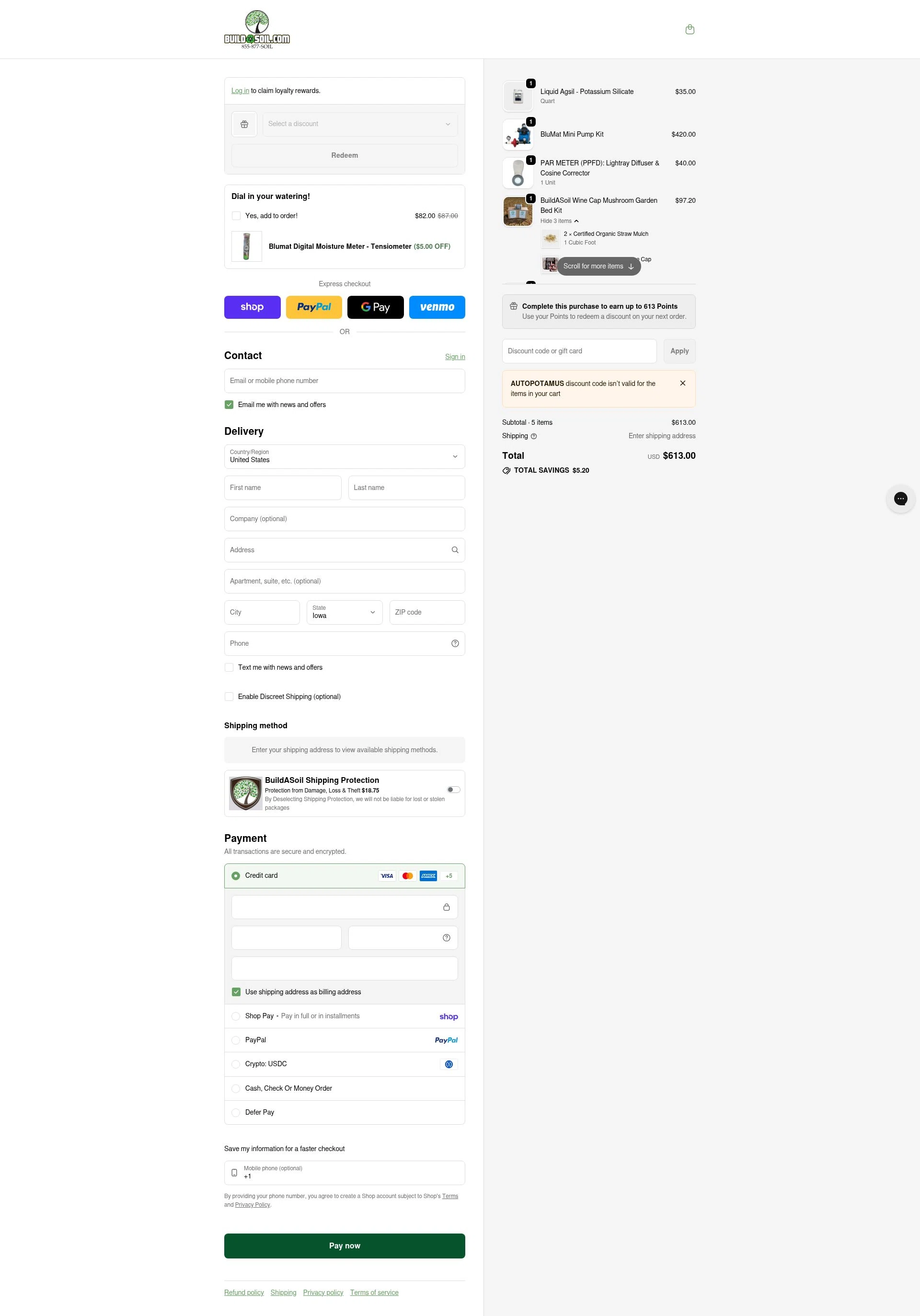 Build A Soil checkout page showing Build A Soil discount code box | Screenshot taken by SimplyCodes community member on Feb 5, 2026