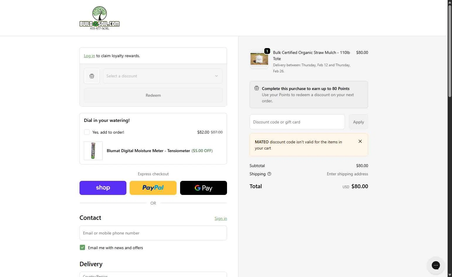 Build A Soil checkout page showing Build A Soil discount code box | Screenshot taken by SimplyCodes community member on Feb 5, 2026