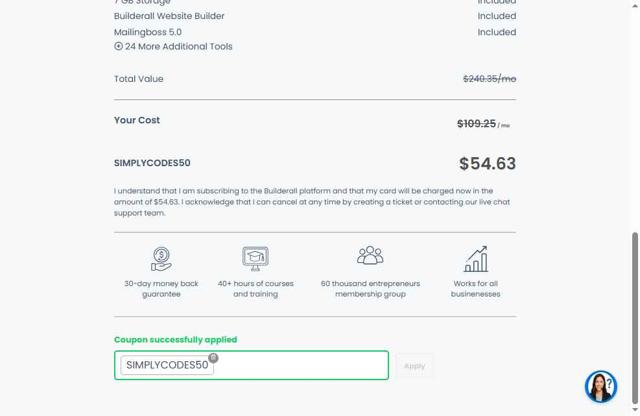 Builderall checkout page showing Builderall discount code box | Screenshot taken by SimplyCodes community member on Aug 25, 2025