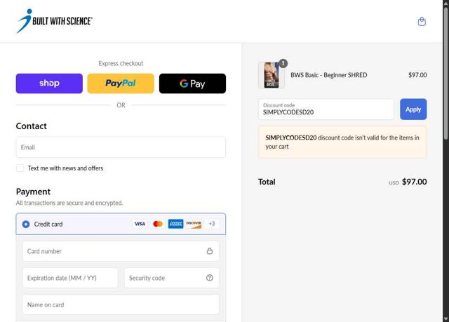 Built With Science checkout page showing Built With Science discount code box | Screenshot taken by SimplyCodes community member on Sep 3, 2025