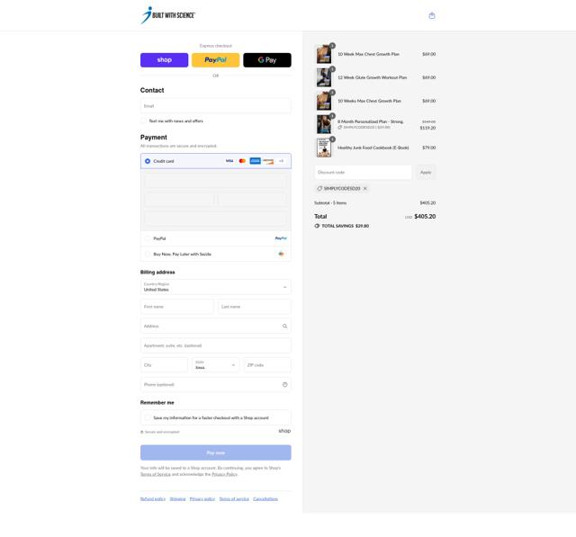 Built With Science checkout page showing Built With Science discount code box | Screenshot taken by SimplyCodes community member on Sep 7, 2025