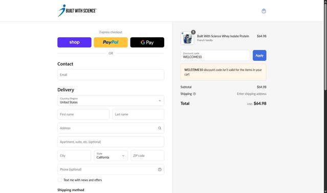 Built With Science checkout page showing Built With Science discount code box | Screenshot taken by SimplyCodes community member on Sep 8, 2025