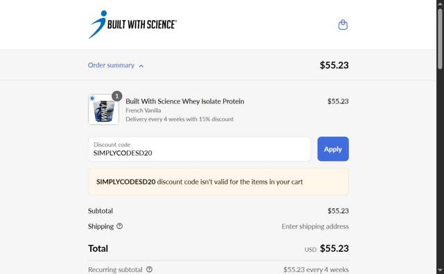 Built With Science checkout page showing Built With Science discount code box | Screenshot taken by SimplyCodes community member on Aug 31, 2025