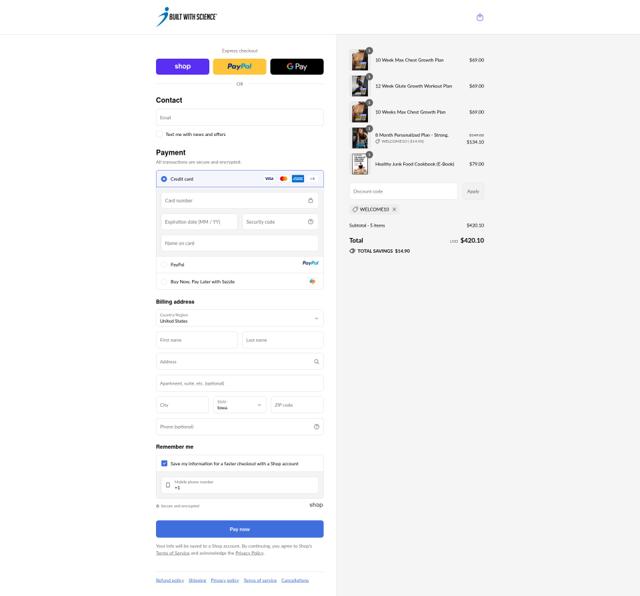Built With Science checkout page showing Built With Science discount code box | Screenshot taken by SimplyCodes community member on Sep 12, 2025