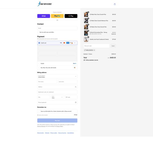 Built With Science checkout page showing Built With Science discount code box | Screenshot taken by SimplyCodes community member on Sep 8, 2025