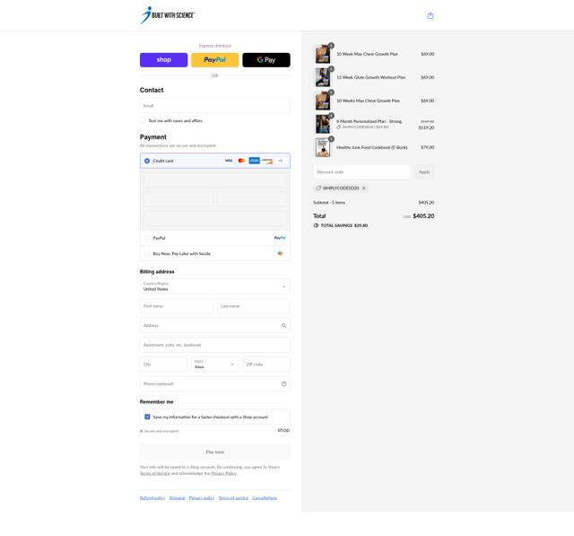 Built With Science checkout page showing Built With Science discount code box | Screenshot taken by SimplyCodes community member on Sep 2, 2025