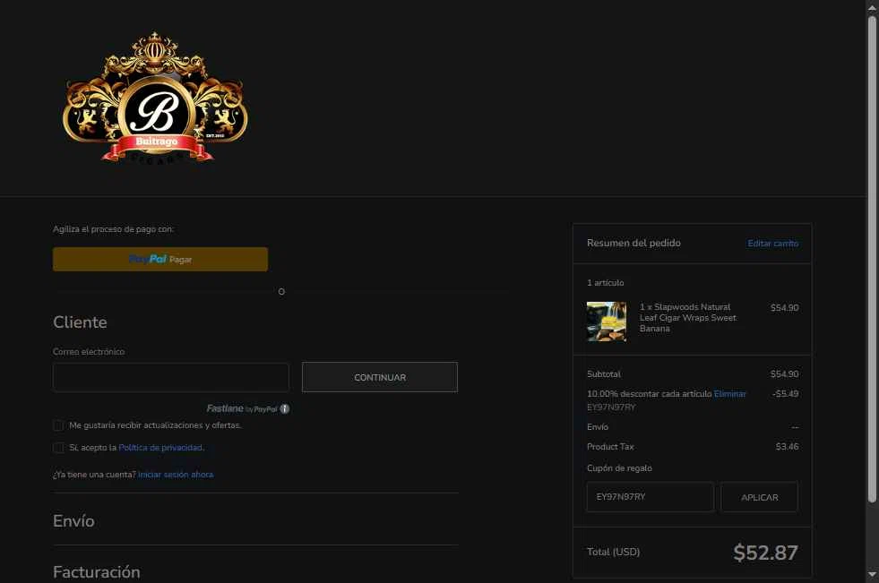 Buitrago Cigars checkout page showing Buitrago Cigars coupon code box | Screenshot taken by SimplyCodes community member on Oct 29, 2025