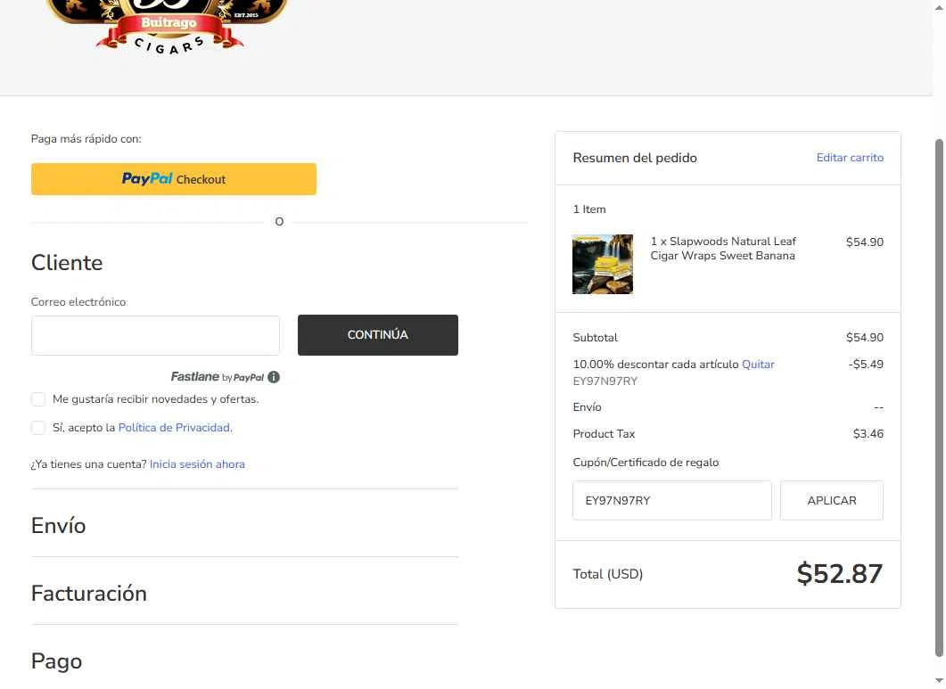 Buitrago Cigars checkout page showing Buitrago Cigars coupon code box | Screenshot taken by SimplyCodes community member on Oct 6, 2025