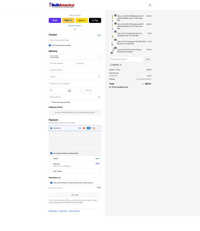 Bulb America checkout page showing Bulb America discount code box | Screenshot taken by SimplyCodes community member on Sep 6, 2025