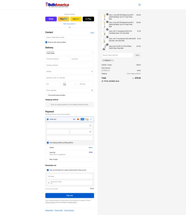 Bulb America checkout page showing Bulb America discount code box | Screenshot taken by SimplyCodes community member on Sep 6, 2025