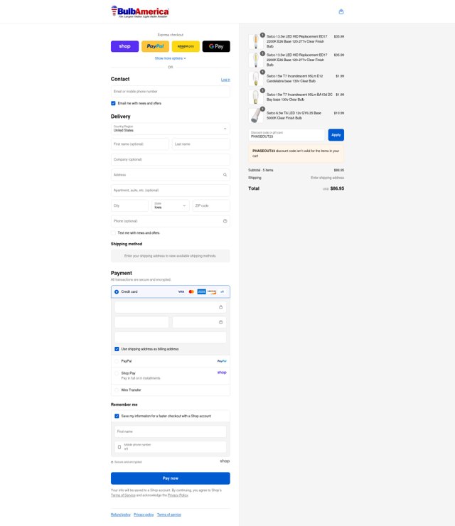 Bulb America checkout page showing Bulb America discount code box | Screenshot taken by SimplyCodes community member on Sep 6, 2025