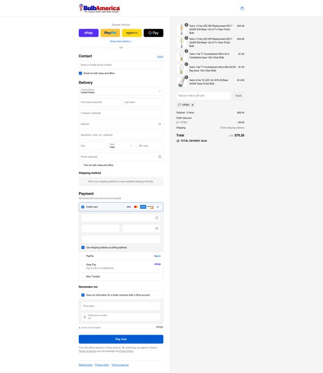 Bulb America checkout page showing Bulb America discount code box | Screenshot taken by SimplyCodes community member on Sep 6, 2025