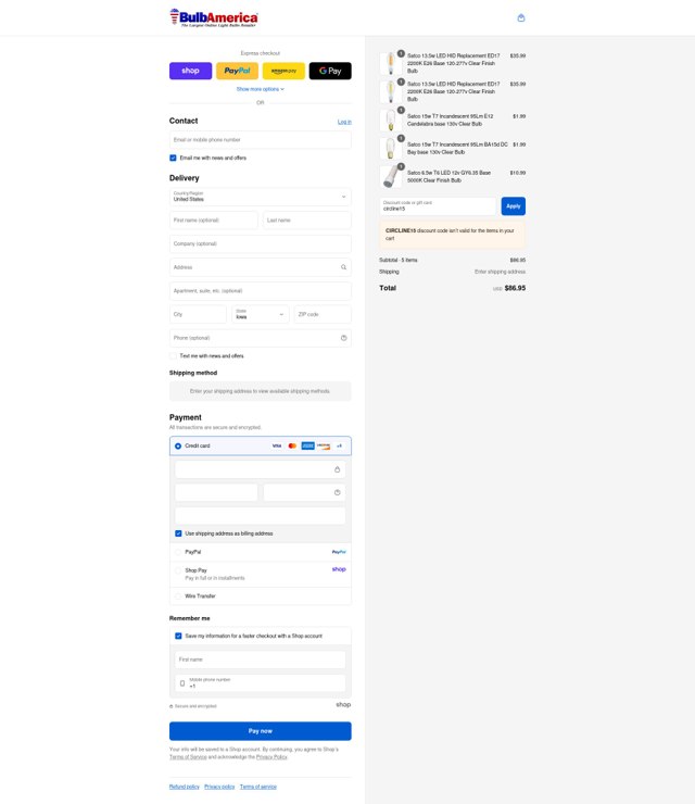 Bulb America checkout page showing Bulb America discount code box | Screenshot taken by SimplyCodes community member on Sep 6, 2025