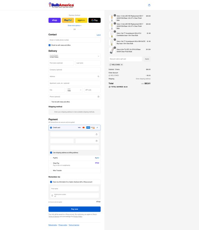 Bulb America checkout page showing Bulb America discount code box | Screenshot taken by SimplyCodes community member on Sep 6, 2025