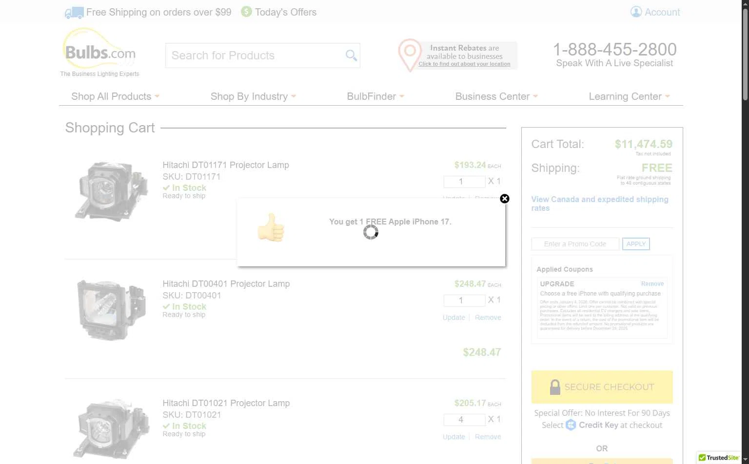 Bulbs.com checkout page showing Bulbs.com coupon code box | Screenshot taken by SimplyCodes community member on Dec 10, 2025
