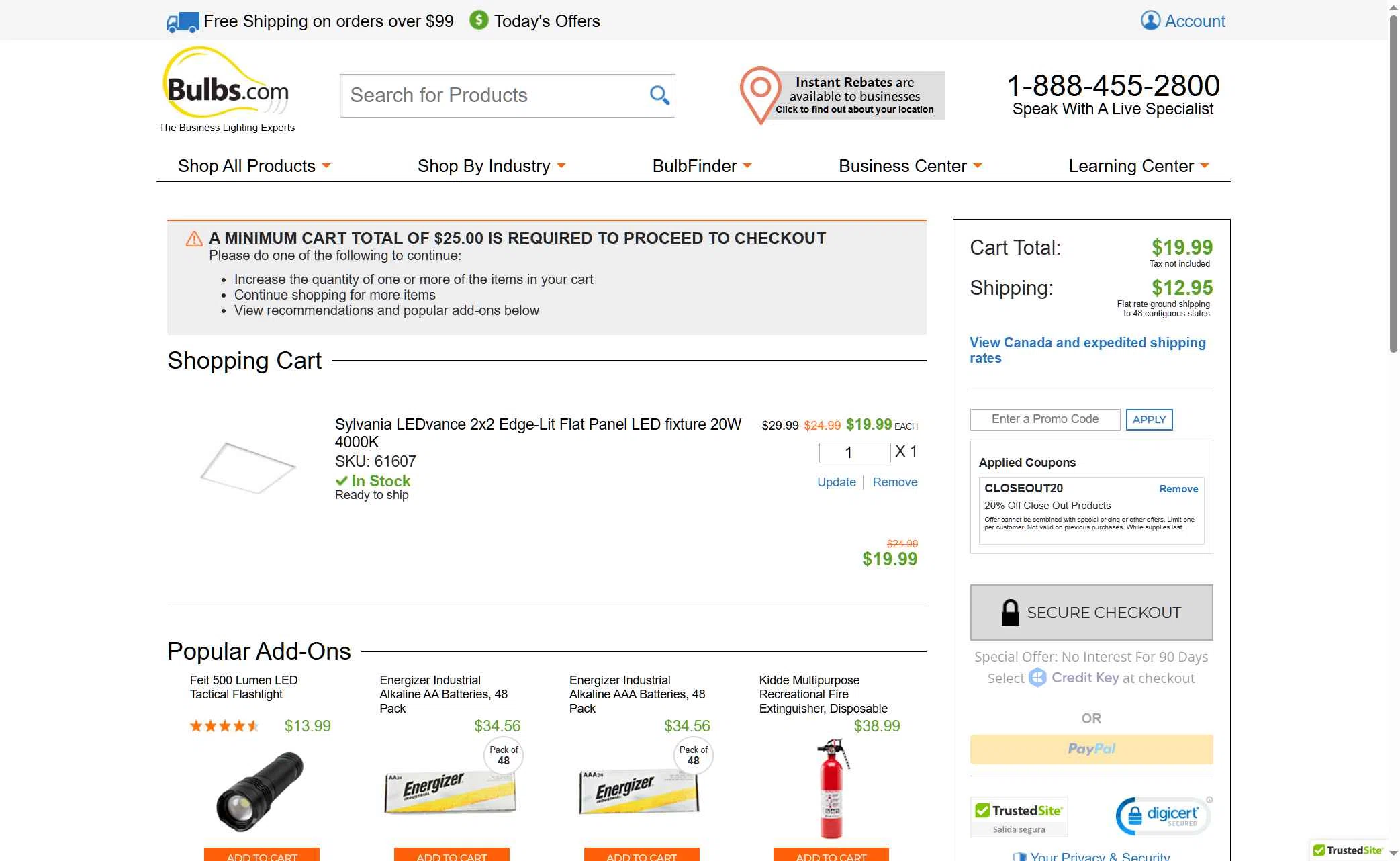 Bulbs.com checkout page showing Bulbs.com coupon code box | Screenshot taken by SimplyCodes community member on Nov 13, 2025