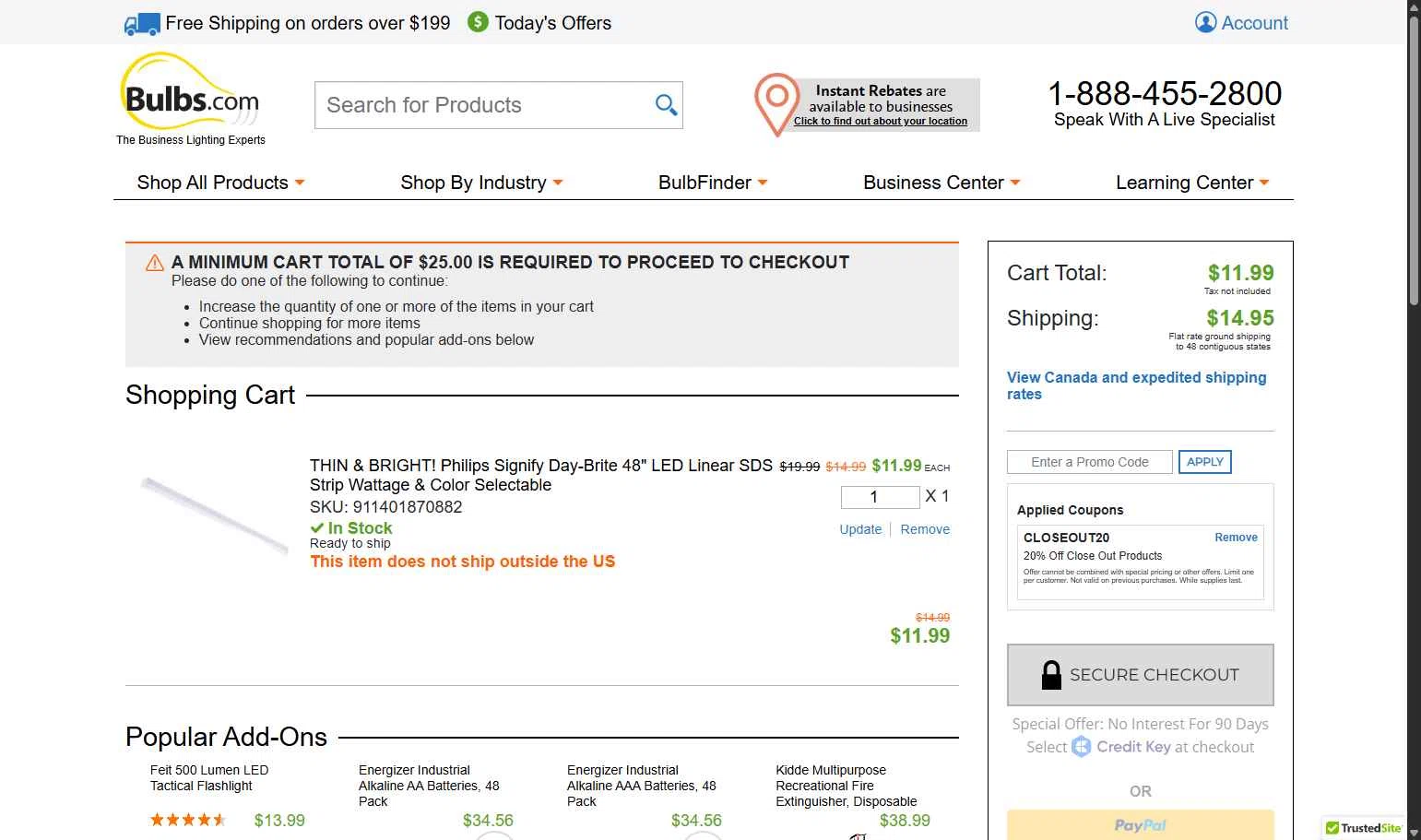 Bulbs.com checkout page showing Bulbs.com coupon code box | Screenshot taken by SimplyCodes community member on Jan 10, 2026