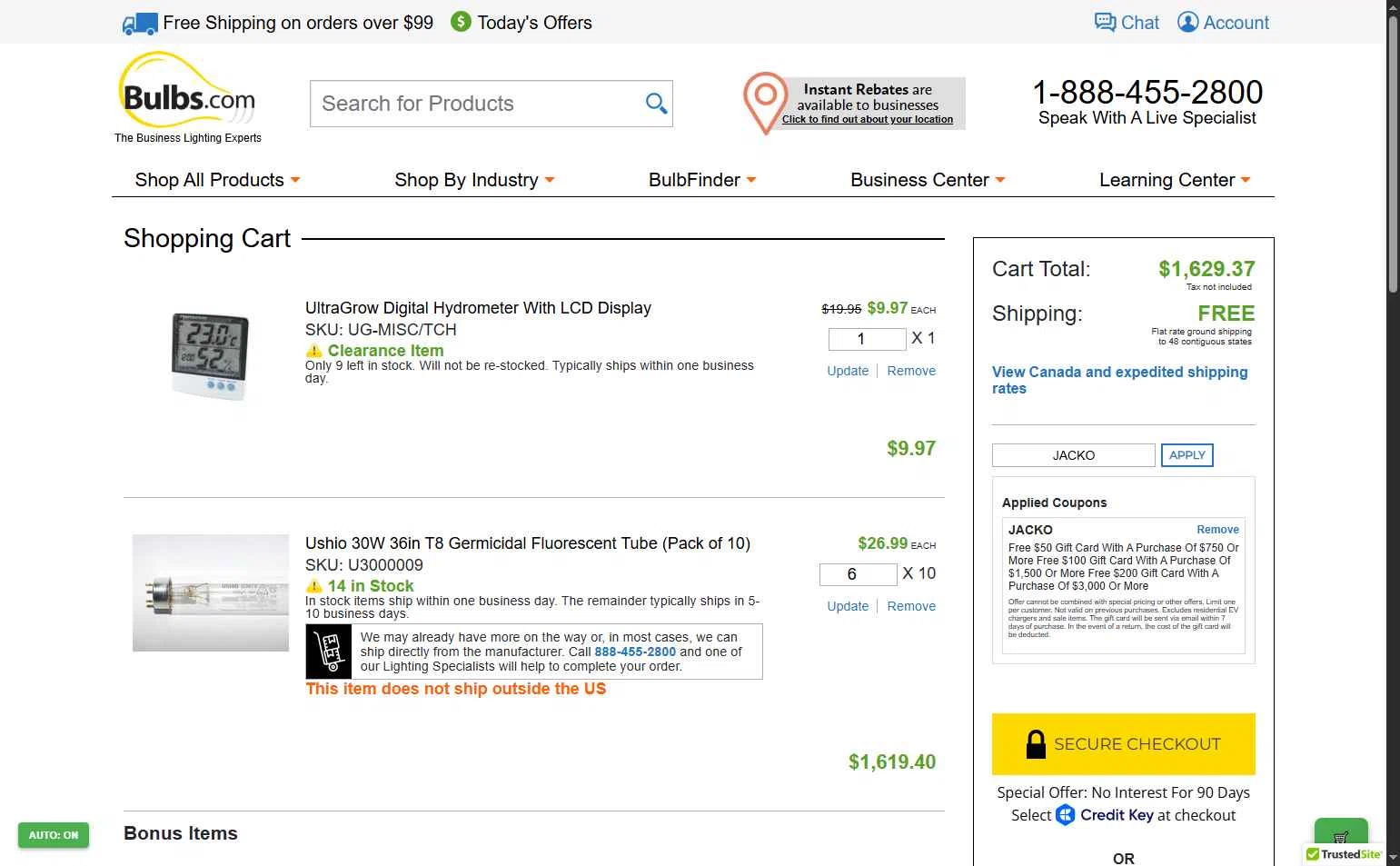 Bulbs.com checkout page showing Bulbs.com coupon code box | Screenshot taken by SimplyCodes community member on Oct 22, 2025