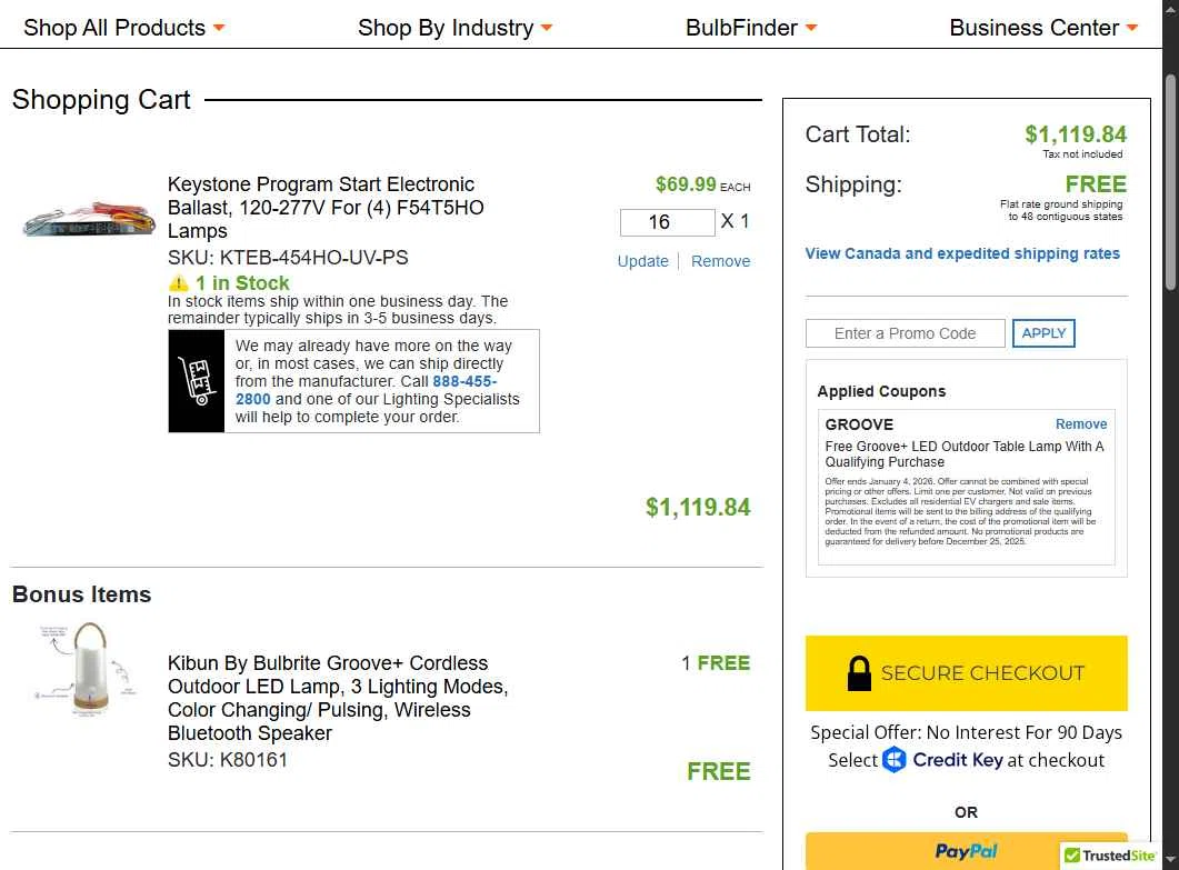 Bulbs.com checkout page showing Bulbs.com coupon code box | Screenshot taken by SimplyCodes community member on Feb 4, 2026