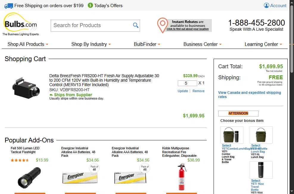 Bulbs.com checkout page showing Bulbs.com coupon code box | Screenshot taken by SimplyCodes community member on Jan 6, 2026
