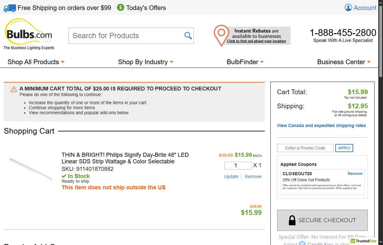 Bulbs.com checkout page showing Bulbs.com coupon code box | Screenshot taken by SimplyCodes community member on Dec 12, 2025
