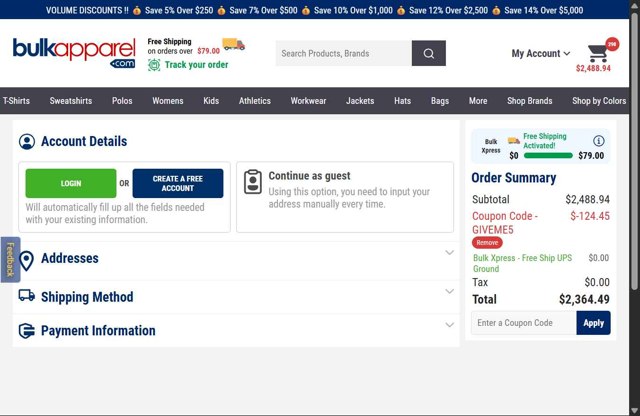 BulkApparel checkout page showing BulkApparel coupon code box | Screenshot taken by SimplyCodes community member on Jun 9, 2025