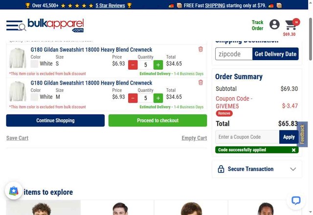BulkApparel checkout page showing BulkApparel coupon code box | Screenshot taken by SimplyCodes community member on Apr 27, 2025